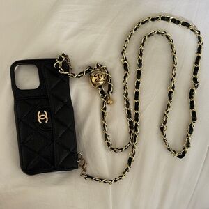 Caviar Black Quilted Phone Holder with Gold Chain